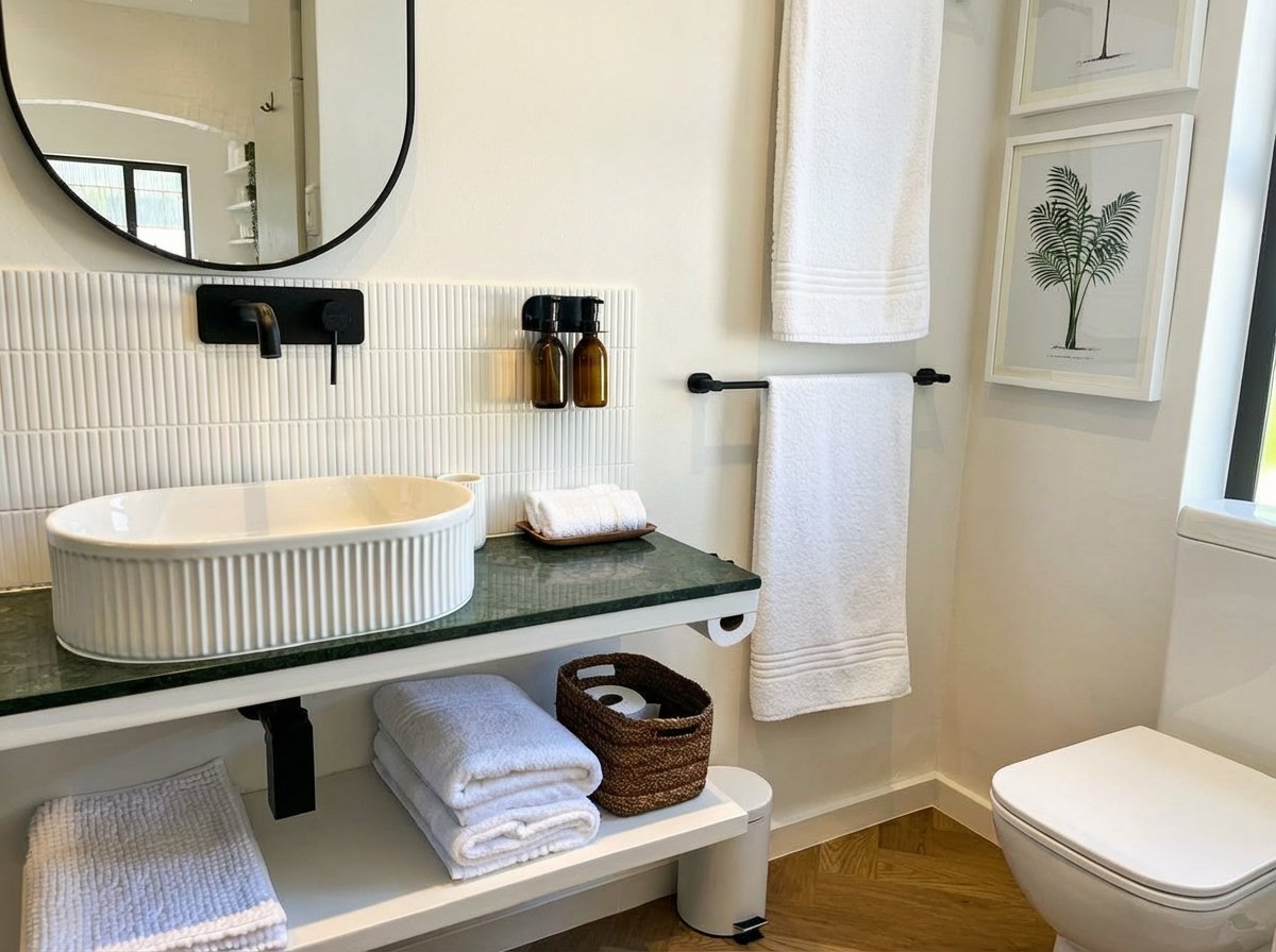 Bathroom vanity detail with towels and herringbone wood floors