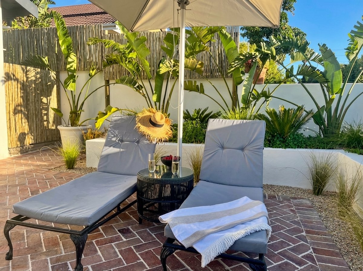 Sun loungers with mountain backdrop and beach towels provided