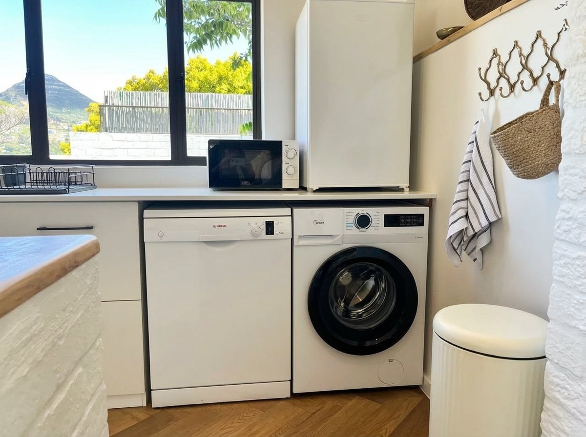 Modern appliances including washing machine, dishwasher, fridge and microwave